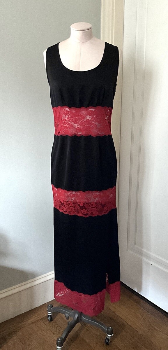 biba black dress Vintage Satin with Red Lace Maxi dress