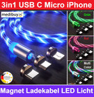 Ladekabel USB TYP C Micro I OS 3in1 für Samsung Huawei Handy LED Leuchtkabel