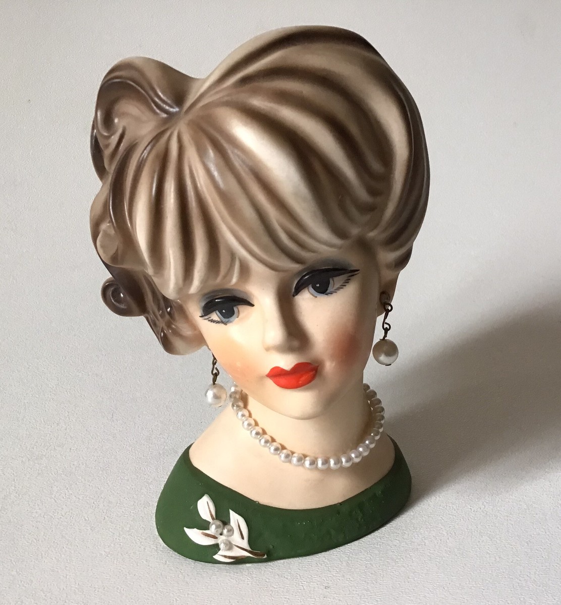 Vintage Head Lady Vase Napcoware C7472 Japan Green Dress Pearl Necklace  Earrings | eBay