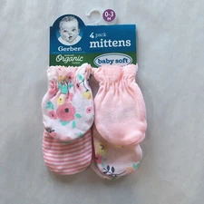 Gerber 4 Pack Baby Girl Scratch Mittens Gloves 0-3 Months Pink Flowers Stripes