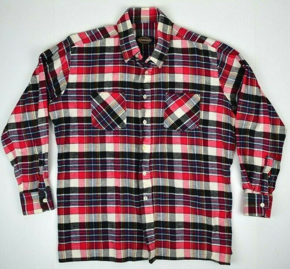 Vintage Plaid Flannel Shirt Towncraft Size L 80s Black Red Plaid 