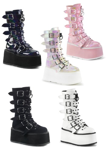 Pleaser Demonia DAMNED-225 3 1/2" Platform Mid-Calf Boot With 6 Buckle Straps