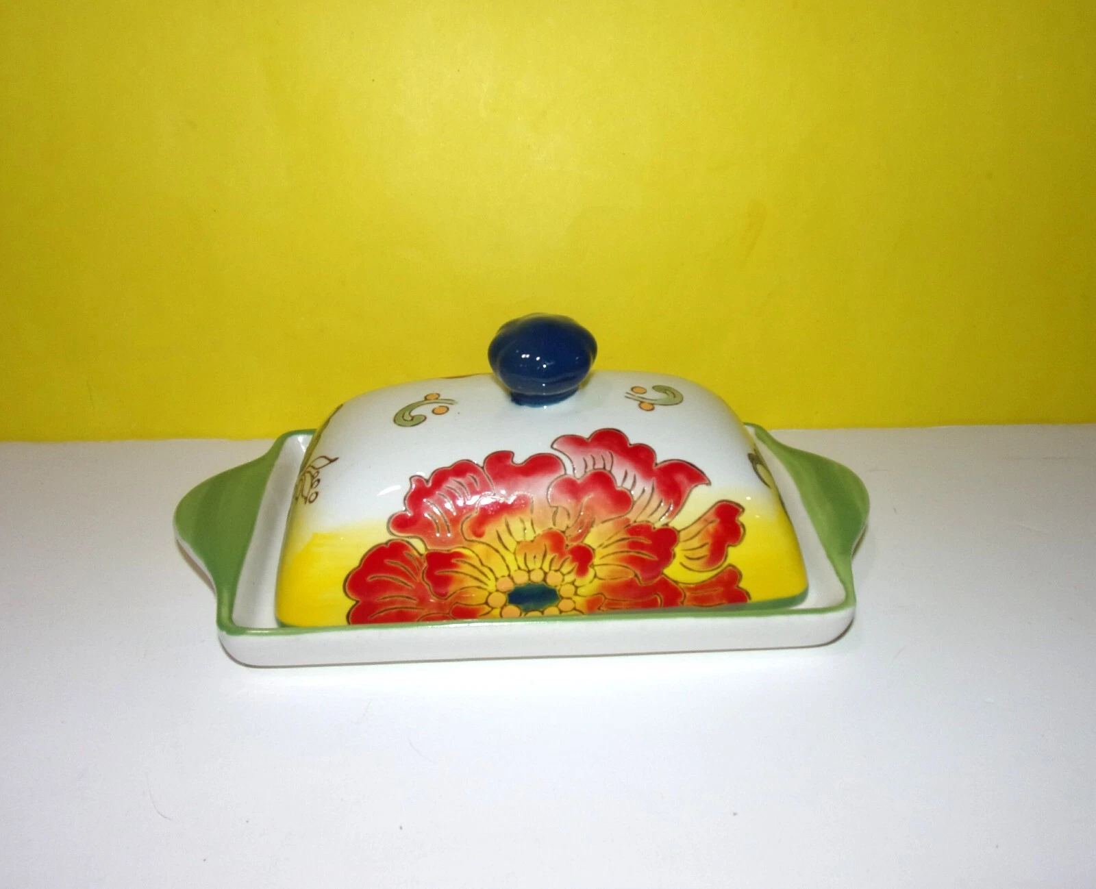 Dutch Wax Coastline Imports Covered Butter Dish Hand Painted Floral