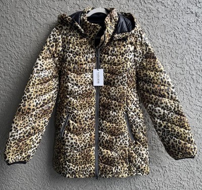 Noize Women s Quilted Puffer Removable Hooded Jacket Cheetah Size L NEW