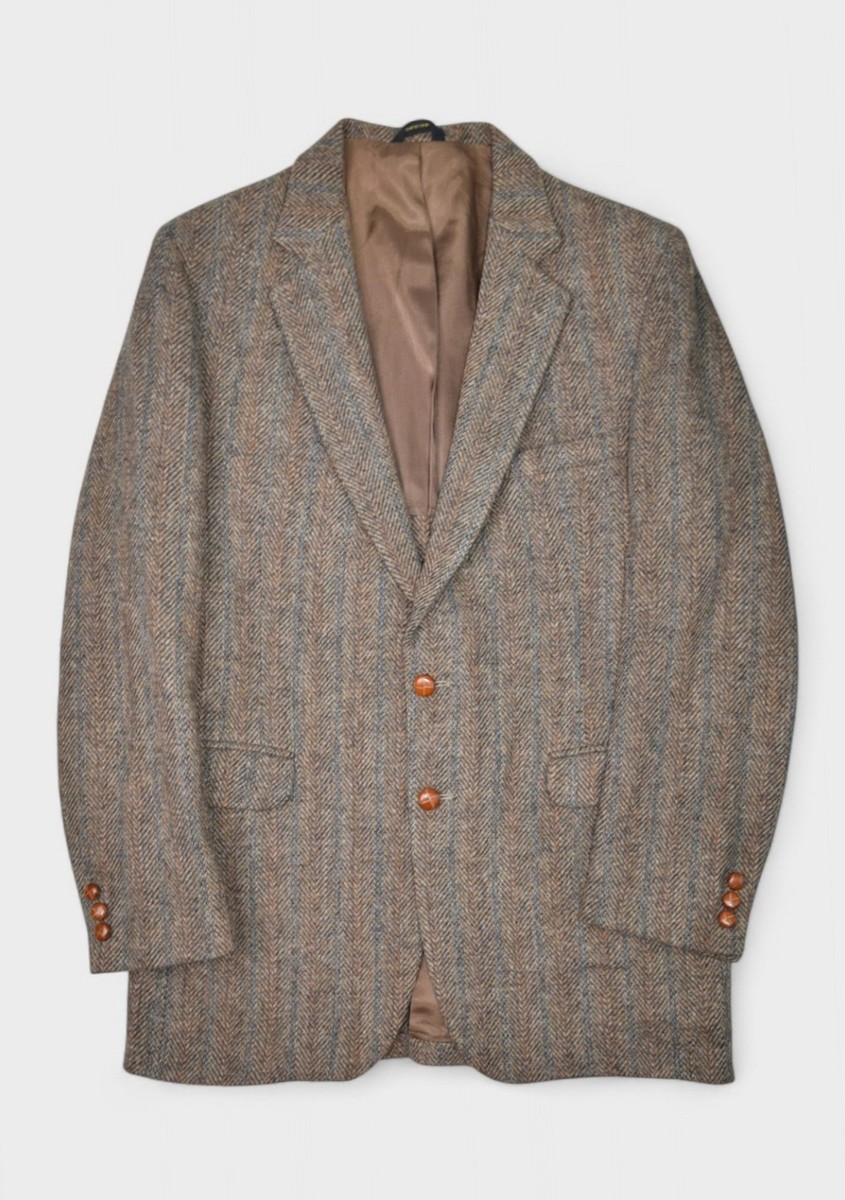 Vintage Harris Tweed Jacket Mens 40L Brown Wool Blazer Herringbone