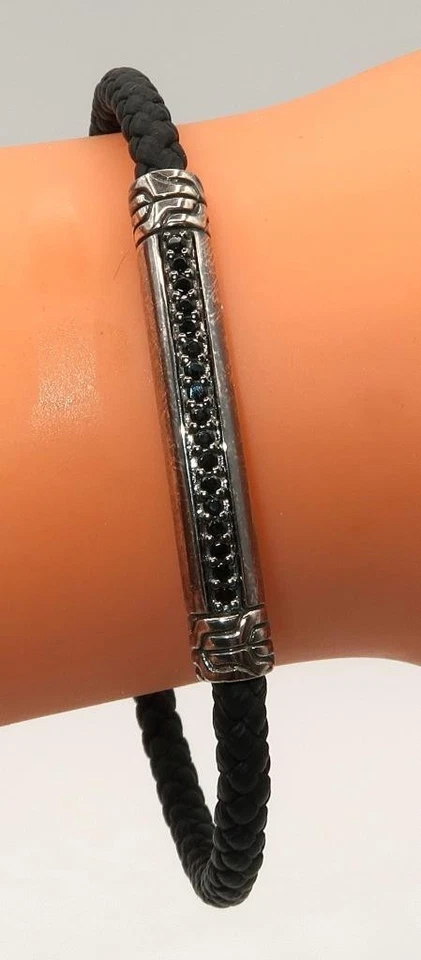 Brazalete JOHN HARDY Diamante Negro, Plata 925, Cadena de Cuero Estación, 8" Nuevo en Caja Foto 3 de 4