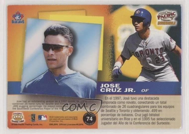 1998 Pacific Invincible Silver Jose Cruz Jr #74 - Image 2 of 2