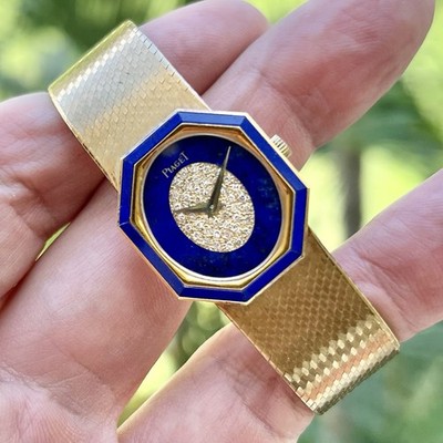 Rare 1970 24x27mm 18K Gold Piaget Octagonal 9341 B2 Lapis Pave