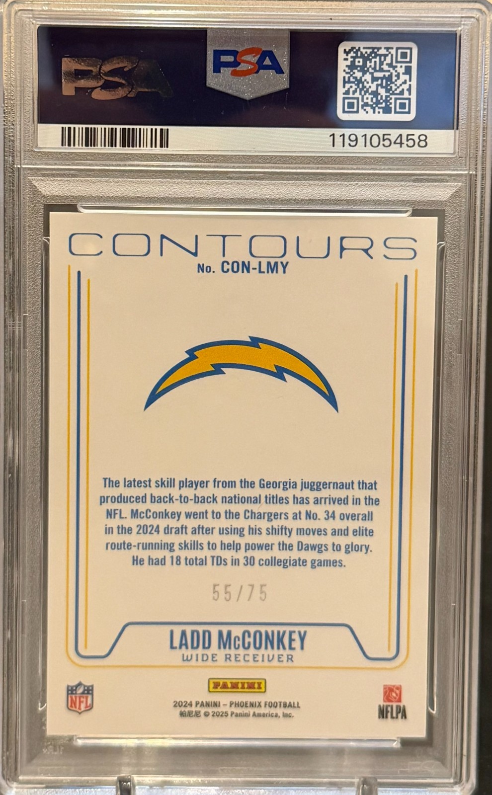 2024 Panini Phoenix - Contours Ladd McConkey #CON-LMY Bronze /75 (RC) PSA 9 view 2