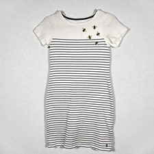 Joules Dress Woman Size 2 Striped Navy White Beaded Bees Applique Cotton NWOT