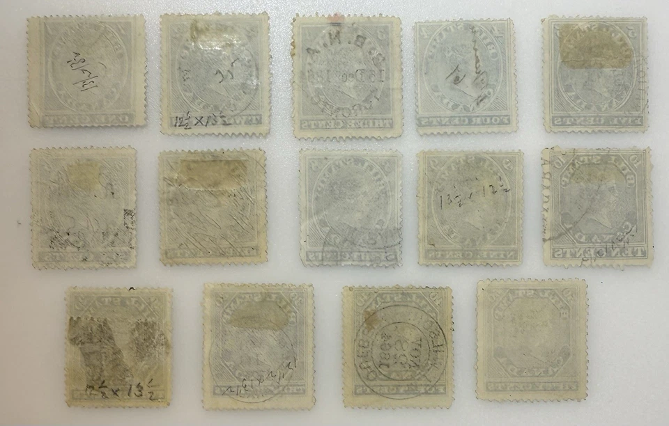 Canada 1864 Bill Stamps #FB1-14 1c-50c values, Used/sound; various blue shades - Image 2 of 3