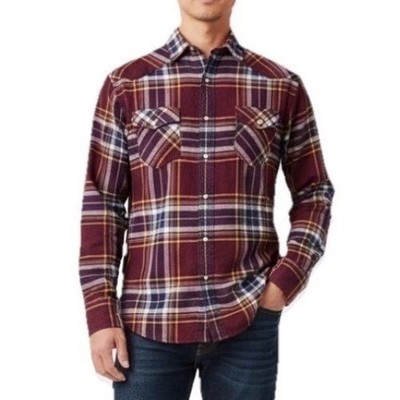 Red Camel Western Flannel Shirt Men Large Burgundy Plaid Pearl Snap Long Sleeve