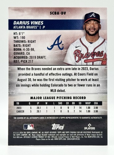 2024 Topps Stadium Club Darius Vines RC Auto Atlanta Braves - Picture 2 of 2