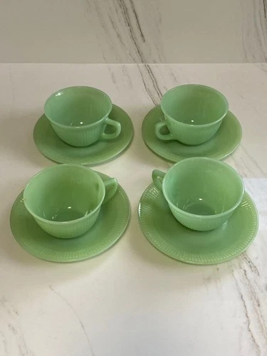 Vintage 1950's Green Jadeite Fire King Ribbed Cups & Saucers (4) Anchor Hocking