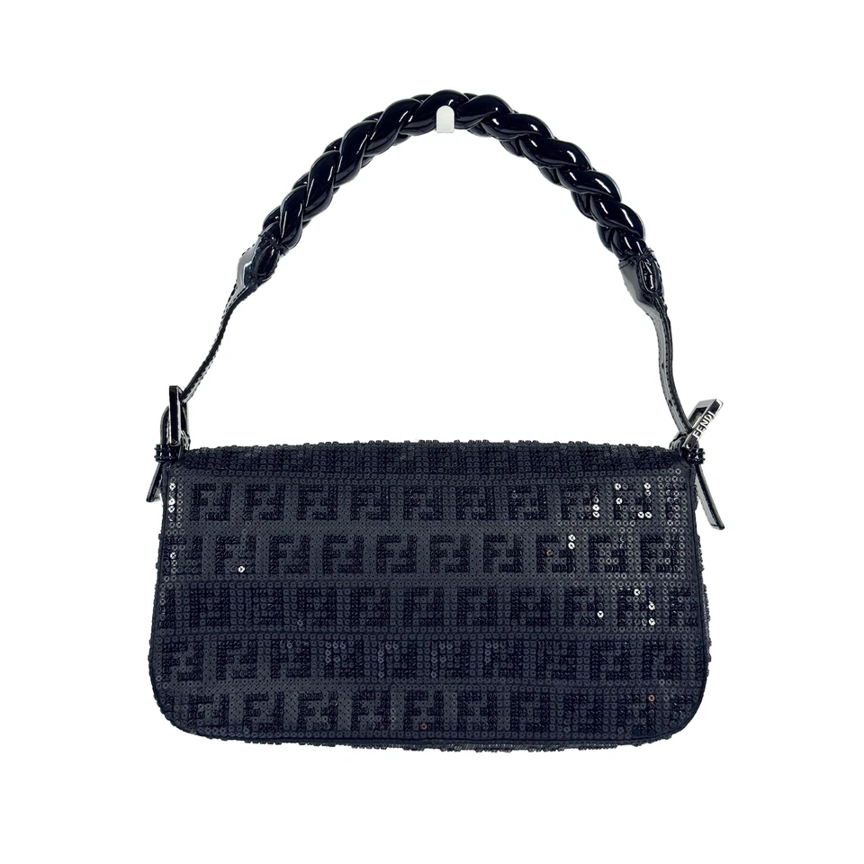 Fendi Black Patent Leather Zucca Monogram Sequin Shoulder Baguette Bag - Image 2 of 4