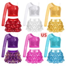 Kids Girls Crop Top With Skirt Performance Costume Sparkly Cheerleading Sequins