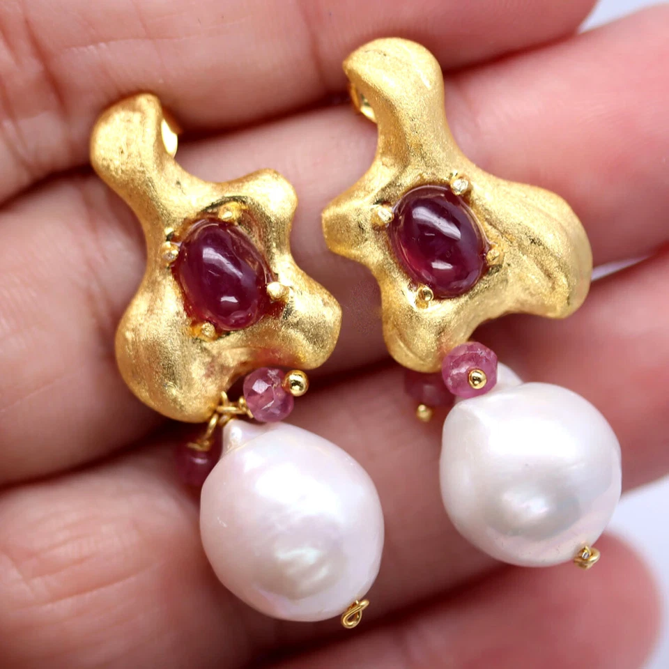 925 Sterling Silver 18K Gold Plated White Baroque Pearl & Red Ruby Earrings - Image 2 of 4