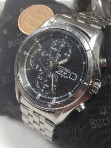 Seiko Solar V172-0AB0 Chronograph Alarm Black Dial Mens Watch