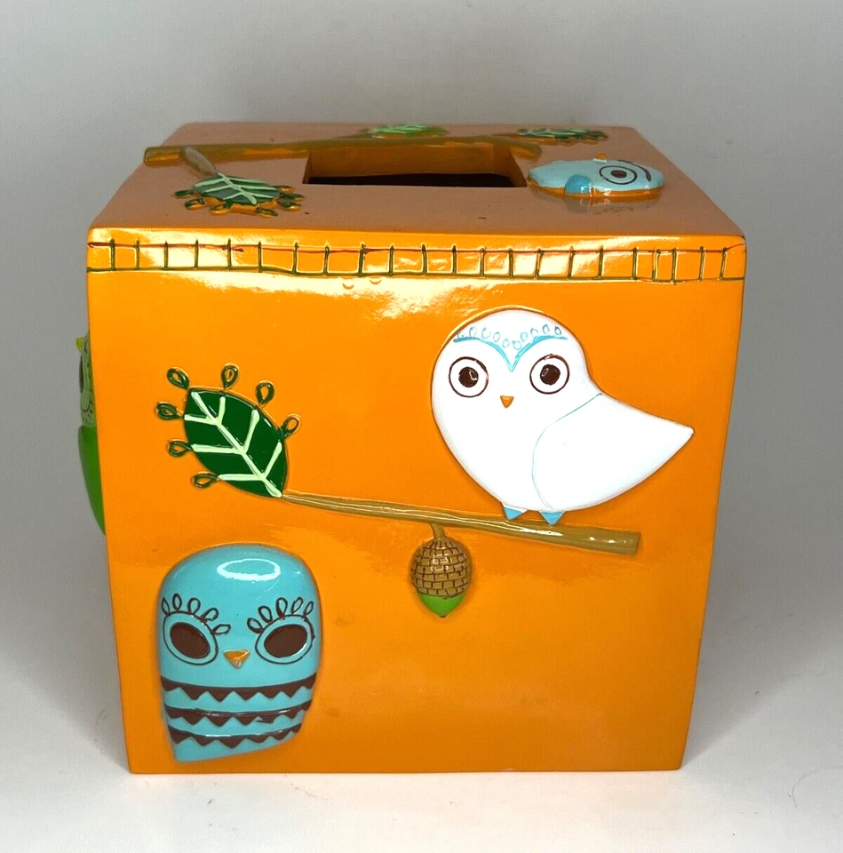 Give a Hoot Owl Tissue Box Holder Creative Bath Orange Resin 5.75" Square AS IS - Image 2 of 4