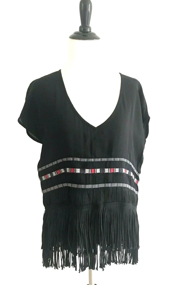Top Twelfth Street Cynthia Vincent Bordado Flecos Talla S Negro Cuello en V Suelto  Foto 4 de 4