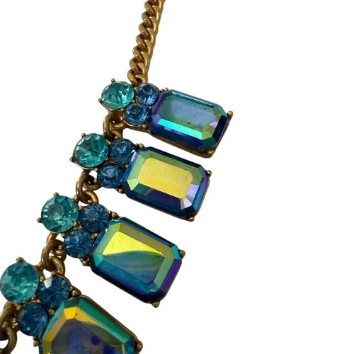 J Crew Statement Necklace Iridescent Blue Turquoise Crystal Stones Gold Adjustab - Picture 16 of 22