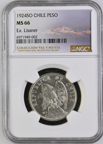 CHILE Santiago Silver 1 Peso 1924 NGC MS 66 Ex-Lissner KM-152.6 - Picture 3 of 5
