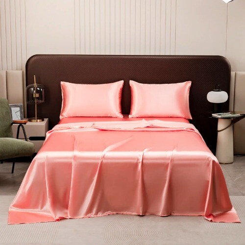 Silk Bed Sheet with Pillowcase Twin/Full/Queen/King Solid Color Flat Bed Sheets - Picture 31 of 32
