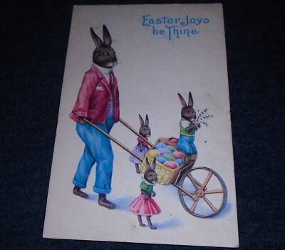 Stunning Easter Rabbit with Wheelbarrow, BLUE WORDS, Easter Vintage Postcard