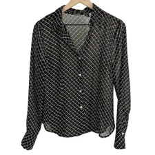 New York & Company Geometric Button Down Front Blouse Top Black Size Medium Work