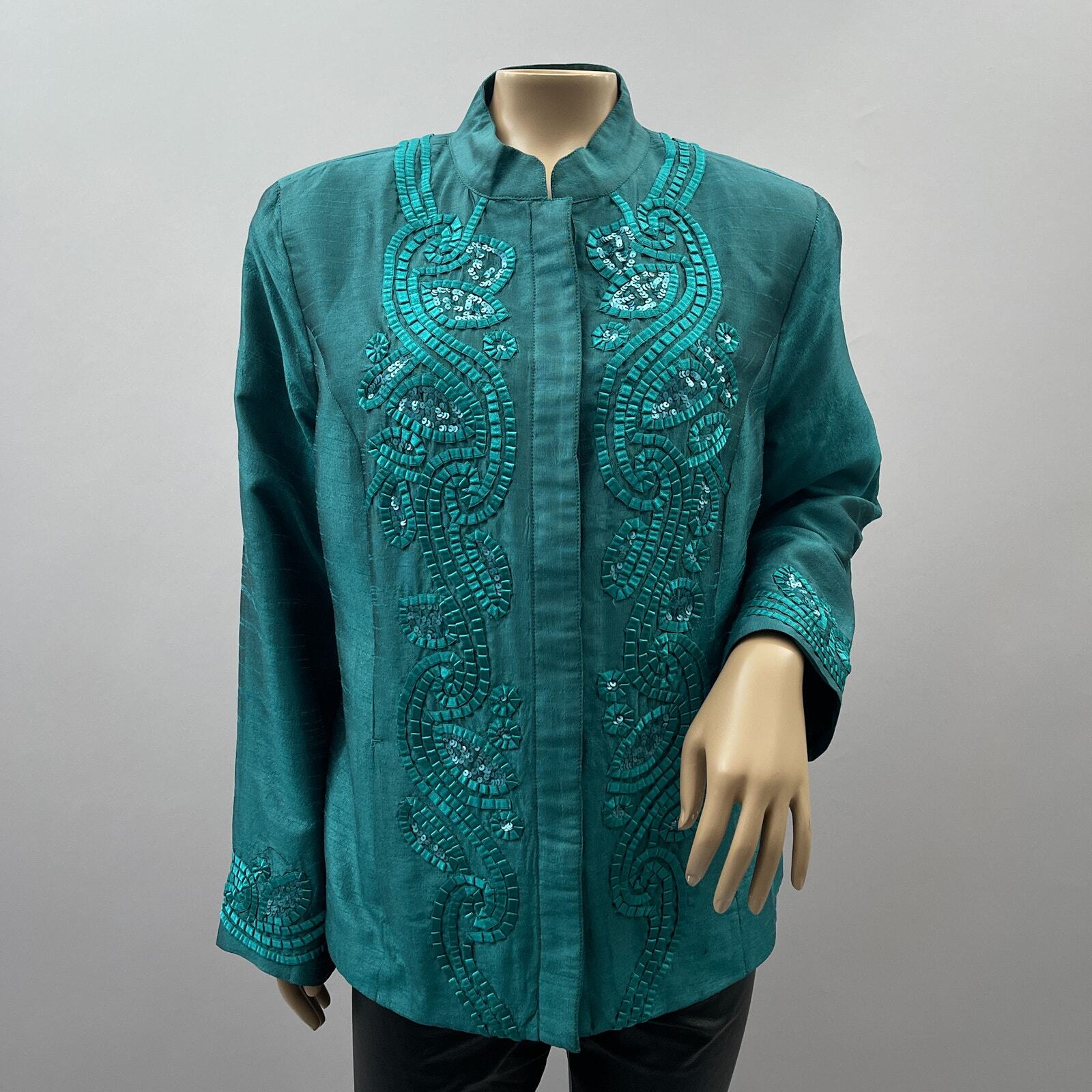 Chico's Jacket Women 2 / L Emerald Green Metallic Sequin Ribbon Mandarin Collar