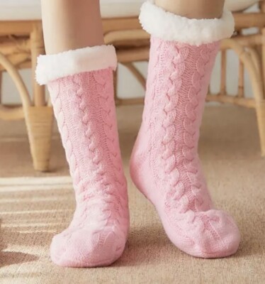 Soft Thick Fuzzy Winter Pink Socks Cotton And Fleece Lines