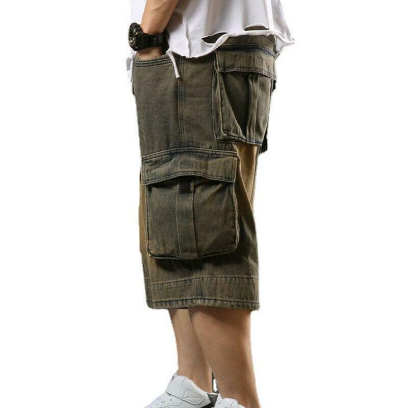 Men Cargo Pocket Denim Shorts Wide Leg Hip Hop 3/4 Length