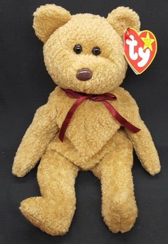 TY 1993 CURLY the BEAR (MAROON RIBBON) BEANIE BABY - NEUWERTIG mit neuwertigen Etiketten - Bild 1 von 6