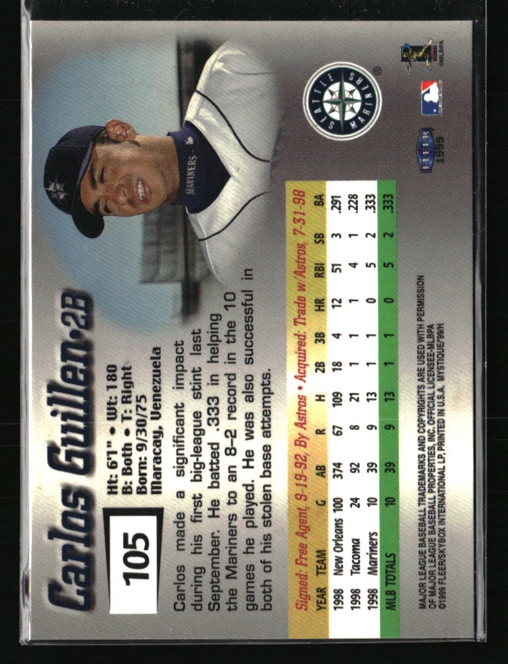 Carlos Guillen 1999 Fleer Mystique #105 Baseball Card /2999 - Image 2 of 2