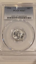 1935 Mercury Dime PCGS MS67, Blazing White Gem Specimen