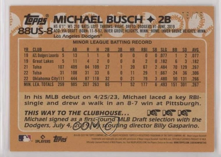 2023 Topps Update 1988 Topps Baseball Gold /75 Michael Busch #88US-8 Rookie RC - Image 2 of 2