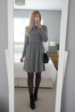 Boohoo Grey Long Sleeve Skater Dress Size 10 High Neck Fit & Flare Mini Dress