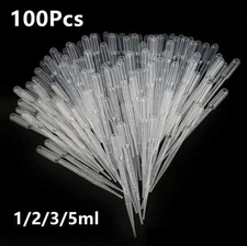 100pcs Disposable Plastic Pipettes: 1/2/3/5ml Graduated Transfer Droppers - NEW