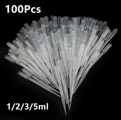 100pcs Disposable Plastic Pipettes: 1/2/3/5ml Graduated Transfer Droppers - NEW
