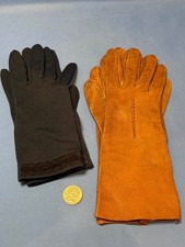 German Vintage Women's Leather Gloves Brown Fine Suede  Fabric Gloves Blue