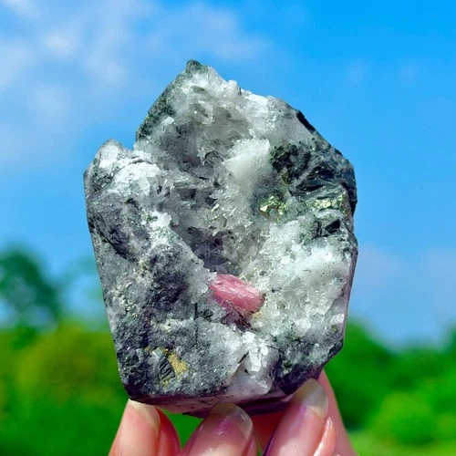 215G AAAGrade/Natural Rhodochrosite with Pyrite Crystal Rough Specimen Healing