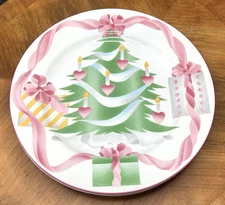 HOME FOR CHRISTMAS Set of 6 Dinner Plates 10 5/8" Sango Pink Ribbons Bows Tree