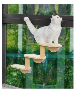 Cat Window Ladder 3-Levels for Indoor Cats Climbing Wood Window Shelf Cats Pl...