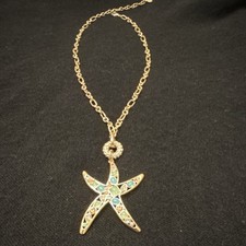 Gold Tone Starfish Charm Pendant Necklace Multicolor Stones Cable Chain Beach
