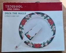 Tienshan Fine China Deck the Halls 2-Piece Cake Set, Plate & Server, Christmas