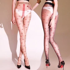 Sheer 5D Oily Nylon Cherry Pattern Pantyhose with T-shaped Open-crotch Stockings