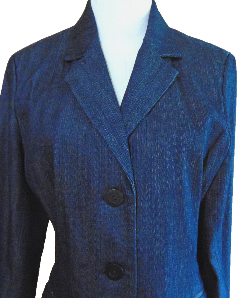 EDDIE BAUER WOMENS BLUE DENIM STRETCH JACKET DENIM BLAZER SLIT CUFFS SIZE 12 - Image 4 of 4