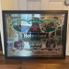 RARE HEINEKEN Mirrored Beer Sign Framed 36x28 Amsterdam Rotterdam Dutch Brewery