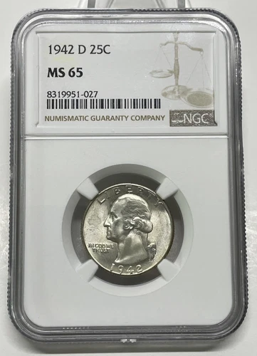 1942-D  Washington Silver Quarter 25c NGC MS65