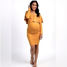 Pink Blush Maternity Golden Yellow Ruffle Off Shoulder Long Sleeve Dress Sz S